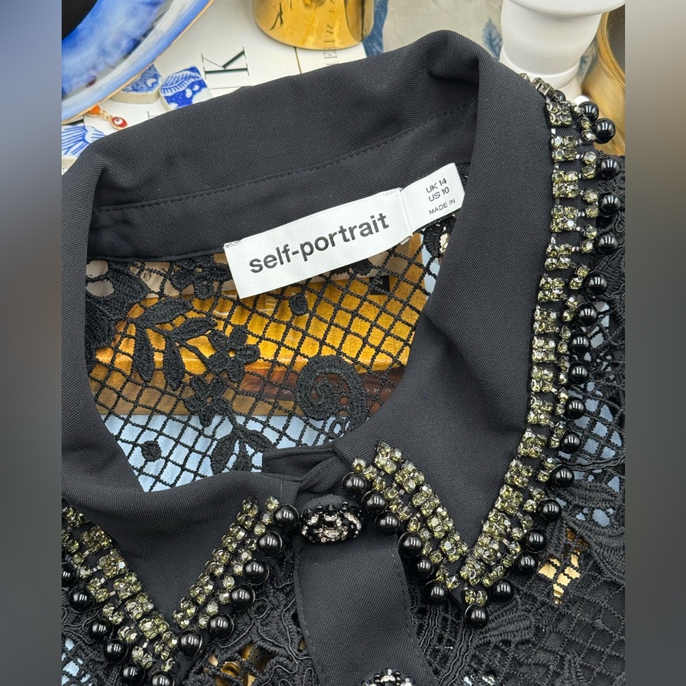 🆕 SELF PORTRAIT 🧿 NWOT Black Lace Button Front Mini Dress, Sz UK 14 US 10 - Picture 16 of 17
